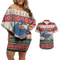 Aussie Kingfisher Bird Christmas Couples Matching Off Shoulder Short Dress and Hawaiian Shirt Festive Knitted Pattern Inspired
