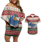 Aussie Kingfisher Bird Christmas Couples Matching Off Shoulder Short Dress and Hawaiian Shirt Festive Knitted Pattern Inspired
