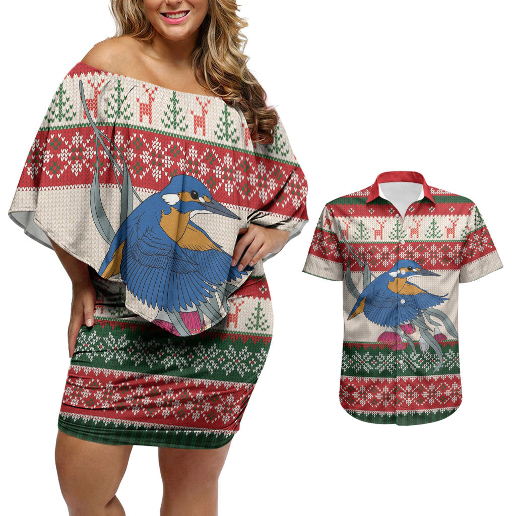 Aussie Kingfisher Bird Christmas Couples Matching Off Shoulder Short Dress and Hawaiian Shirt Festive Knitted Pattern Inspired