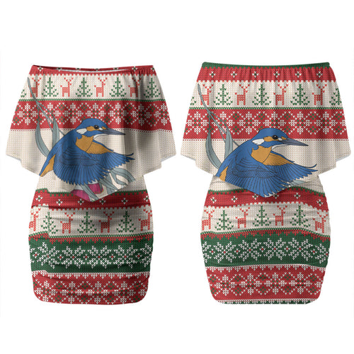 Aussie Kingfisher Bird Christmas Couples Matching Off Shoulder Short Dress and Hawaiian Shirt Festive Knitted Pattern Inspired