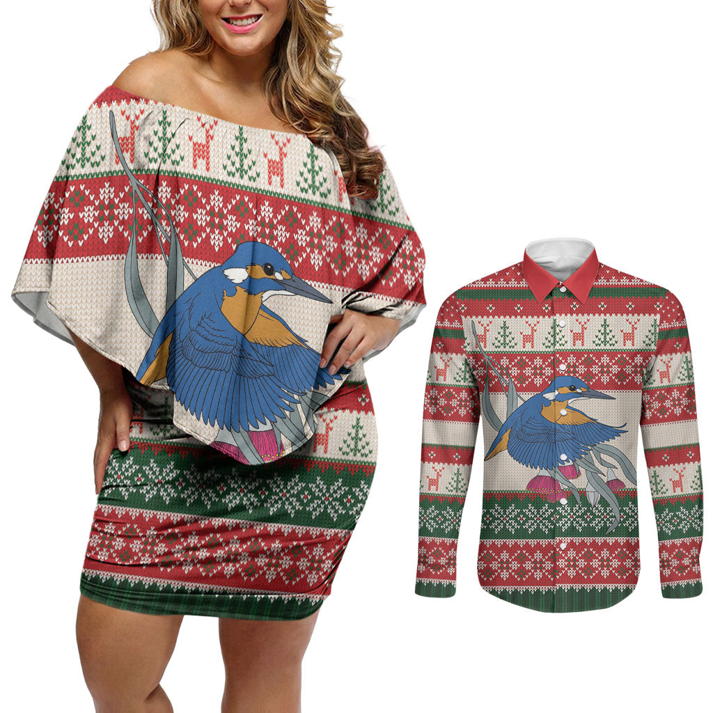 Aussie Kingfisher Bird Christmas Couples Matching Off Shoulder Short Dress and Long Sleeve Button Shirt Festive Knitted Pattern Inspired