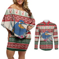 Aussie Kingfisher Bird Christmas Couples Matching Off Shoulder Short Dress and Long Sleeve Button Shirt Festive Knitted Pattern Inspired