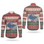 Aussie Kingfisher Bird Christmas Couples Matching Off Shoulder Short Dress and Long Sleeve Button Shirt Festive Knitted Pattern Inspired