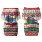 Aussie Kingfisher Bird Christmas Couples Matching Off Shoulder Short Dress and Long Sleeve Button Shirt Festive Knitted Pattern Inspired