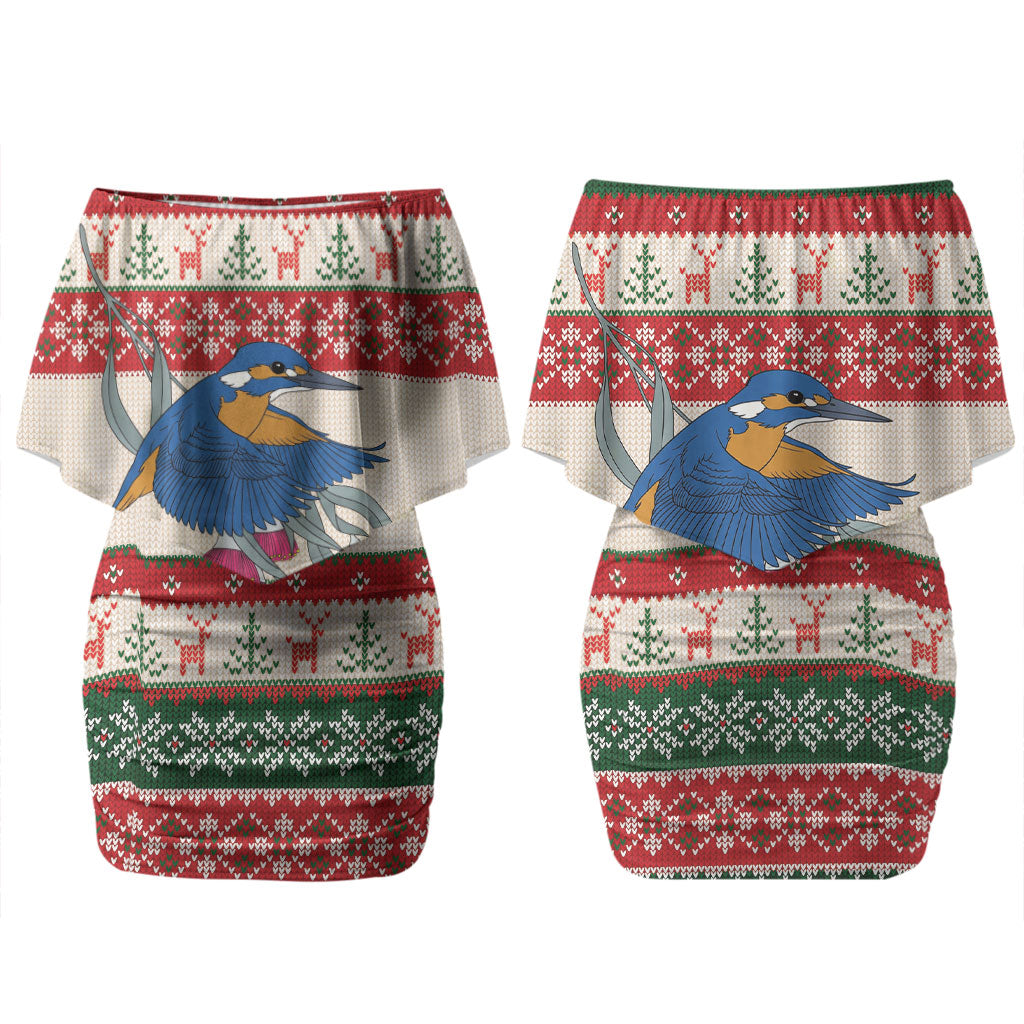 Aussie Kingfisher Bird Christmas Couples Matching Off Shoulder Short Dress and Long Sleeve Button Shirt Festive Knitted Pattern Inspired