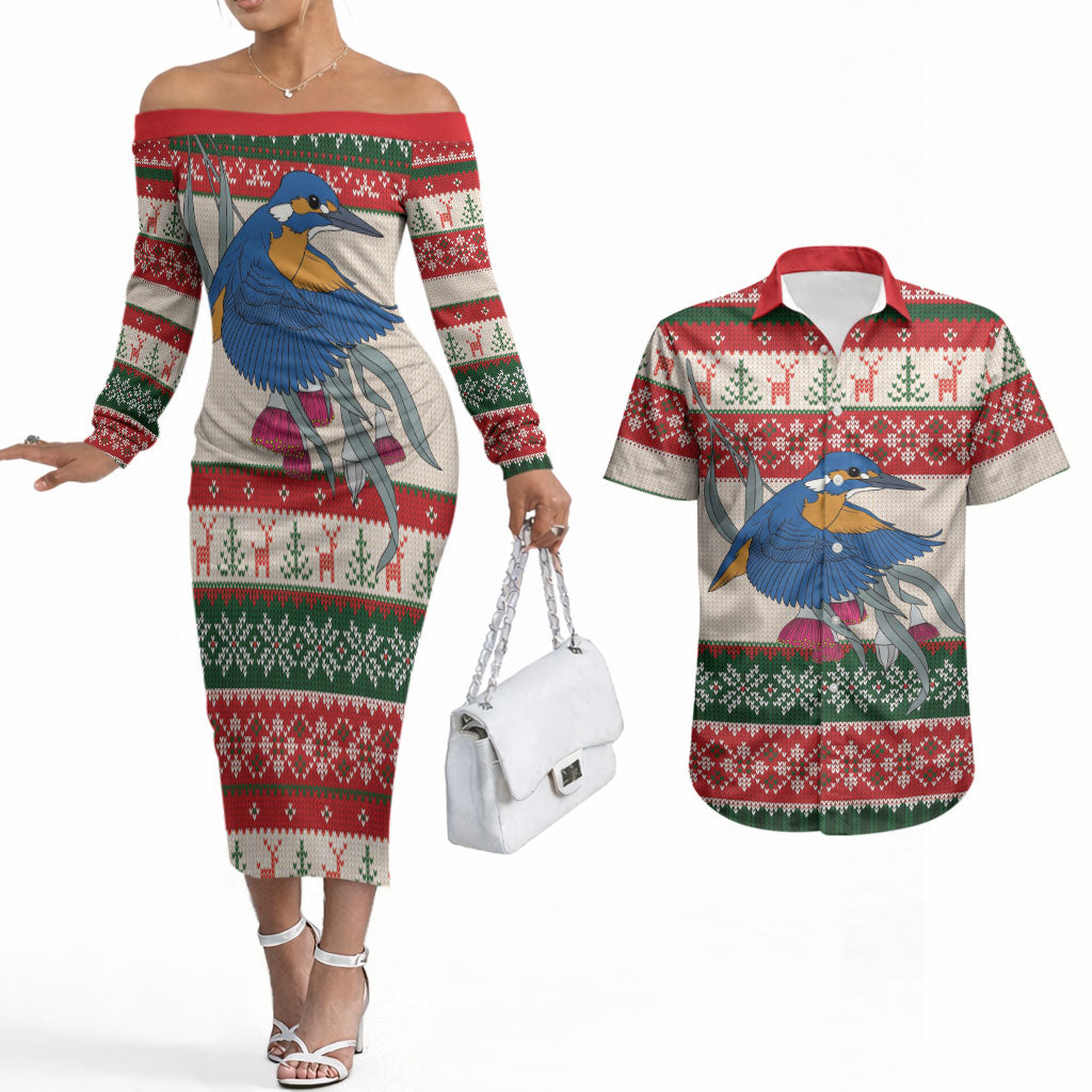 Aussie Kingfisher Bird Christmas Couples Matching Off The Shoulder Long Sleeve Dress and Hawaiian Shirt Festive Knitted Pattern Inspired
