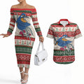 Aussie Kingfisher Bird Christmas Couples Matching Off The Shoulder Long Sleeve Dress and Hawaiian Shirt Festive Knitted Pattern Inspired