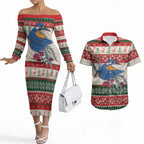 Aussie Kingfisher Bird Christmas Couples Matching Off The Shoulder Long Sleeve Dress and Hawaiian Shirt Festive Knitted Pattern Inspired