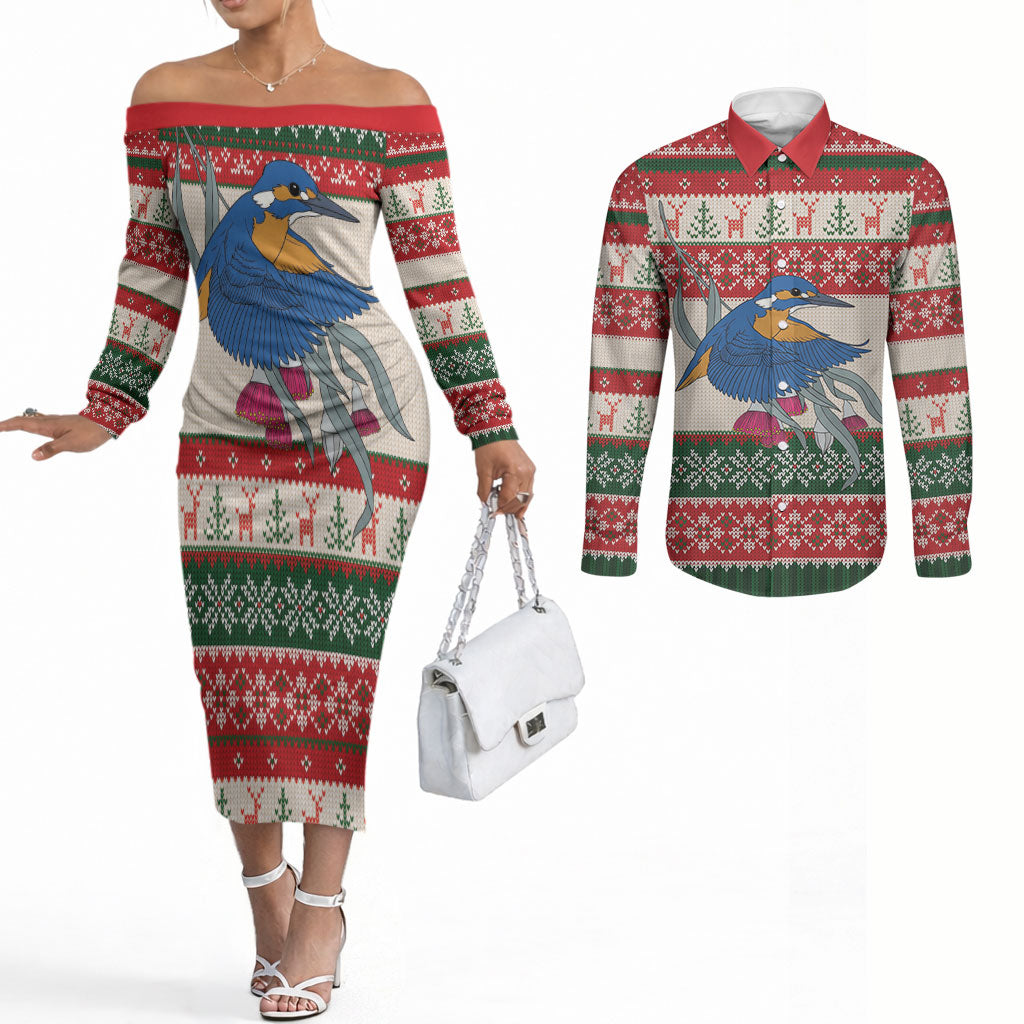 Aussie Kingfisher Bird Christmas Couples Matching Off The Shoulder Long Sleeve Dress and Long Sleeve Button Shirt Festive Knitted Pattern Inspired