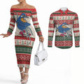 Aussie Kingfisher Bird Christmas Couples Matching Off The Shoulder Long Sleeve Dress and Long Sleeve Button Shirt Festive Knitted Pattern Inspired