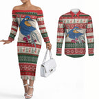 Aussie Kingfisher Bird Christmas Couples Matching Off The Shoulder Long Sleeve Dress and Long Sleeve Button Shirt Festive Knitted Pattern Inspired