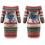 Aussie Kingfisher Bird Christmas Couples Matching Off The Shoulder Long Sleeve Dress and Long Sleeve Button Shirt Festive Knitted Pattern Inspired