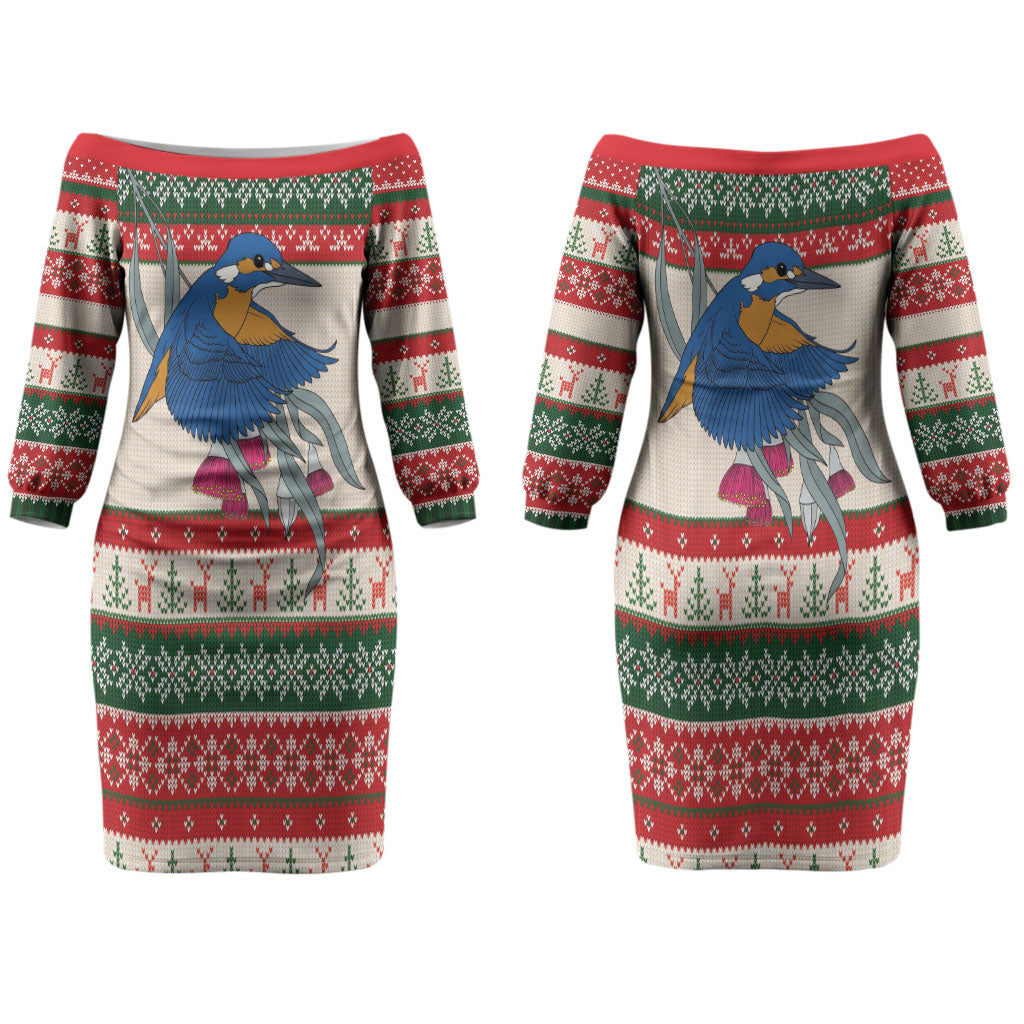 Aussie Kingfisher Bird Christmas Couples Matching Off The Shoulder Long Sleeve Dress and Long Sleeve Button Shirt Festive Knitted Pattern Inspired