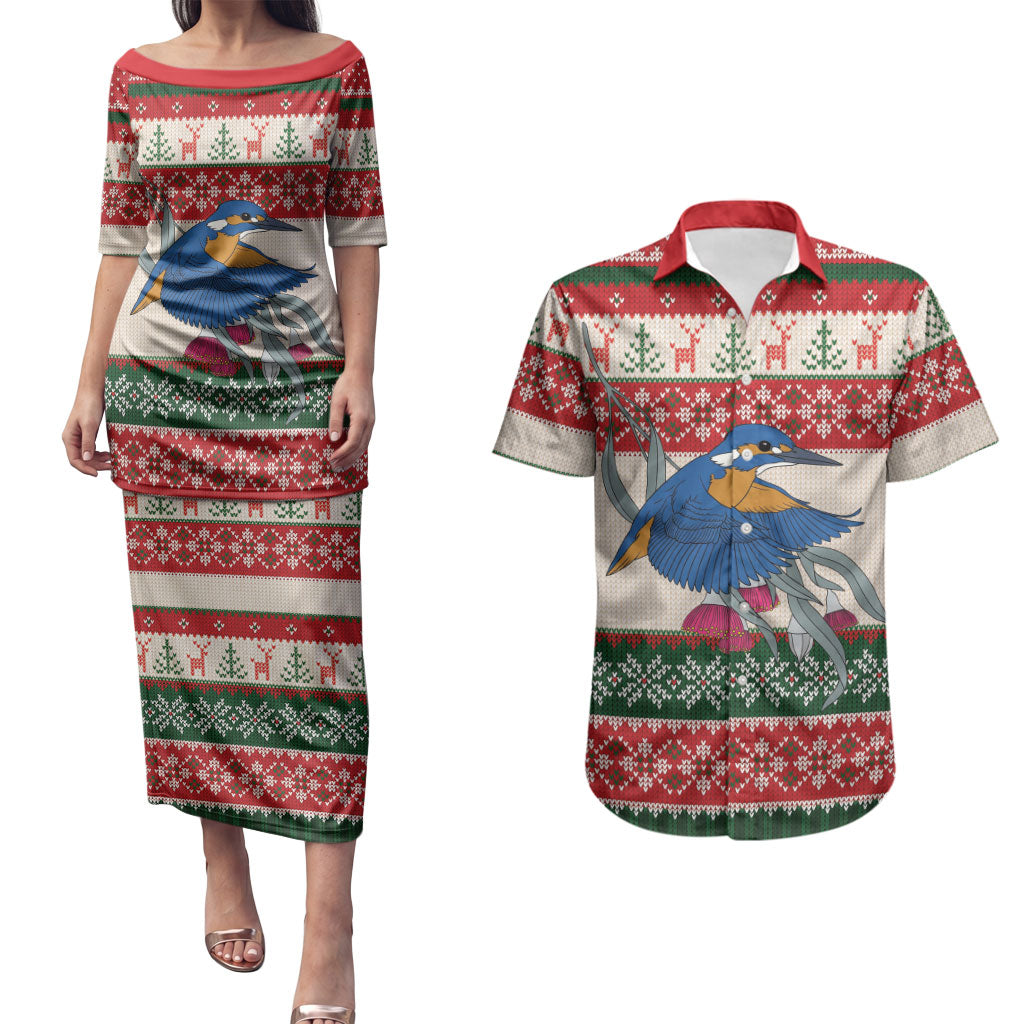 Aussie Kingfisher Bird Christmas Couples Matching Puletasi and Hawaiian Shirt Festive Knitted Pattern Inspired