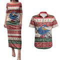 Aussie Kingfisher Bird Christmas Couples Matching Puletasi and Hawaiian Shirt Festive Knitted Pattern Inspired