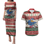 Aussie Kingfisher Bird Christmas Couples Matching Puletasi and Hawaiian Shirt Festive Knitted Pattern Inspired