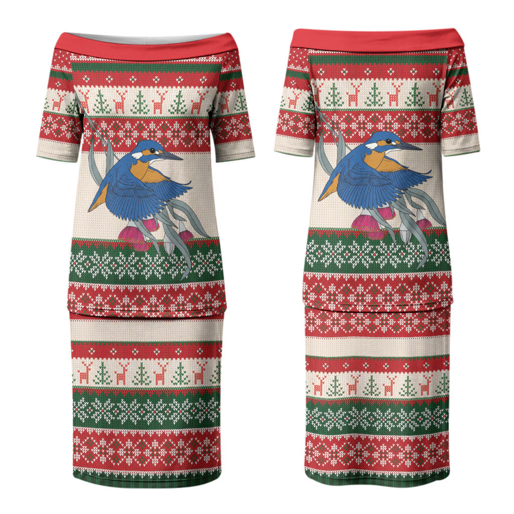 Aussie Kingfisher Bird Christmas Couples Matching Puletasi and Hawaiian Shirt Festive Knitted Pattern Inspired