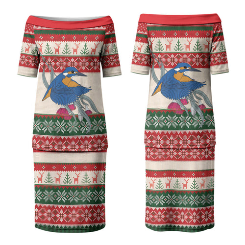 Aussie Kingfisher Bird Christmas Couples Matching Puletasi and Hawaiian Shirt Festive Knitted Pattern Inspired