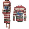 Aussie Kingfisher Bird Christmas Couples Matching Puletasi and Long Sleeve Button Shirt Festive Knitted Pattern Inspired