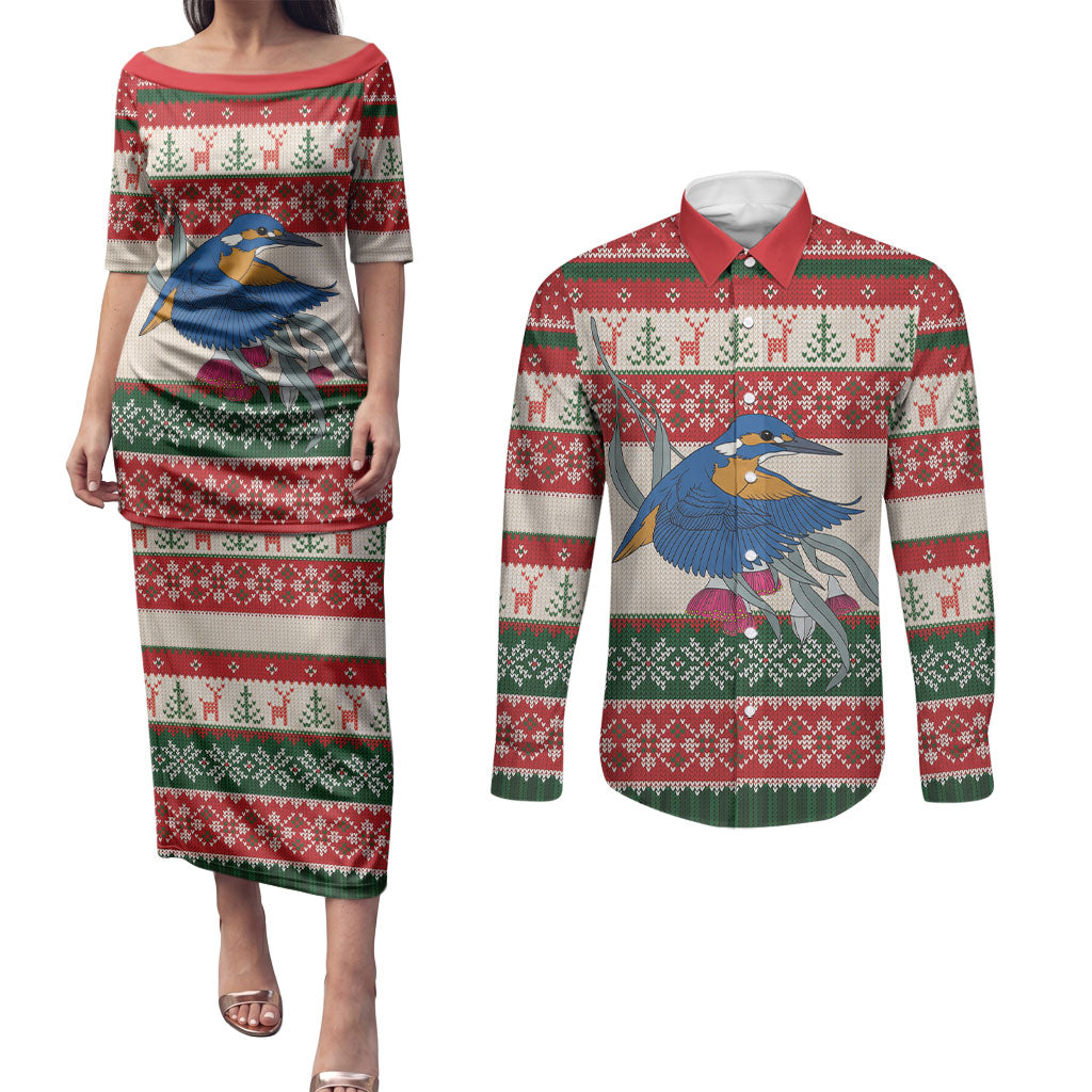 Aussie Kingfisher Bird Christmas Couples Matching Puletasi and Long Sleeve Button Shirt Festive Knitted Pattern Inspired