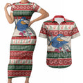 Aussie Kingfisher Bird Christmas Couples Matching Short Sleeve Bodycon Dress and Hawaiian Shirt Festive Knitted Pattern Inspired