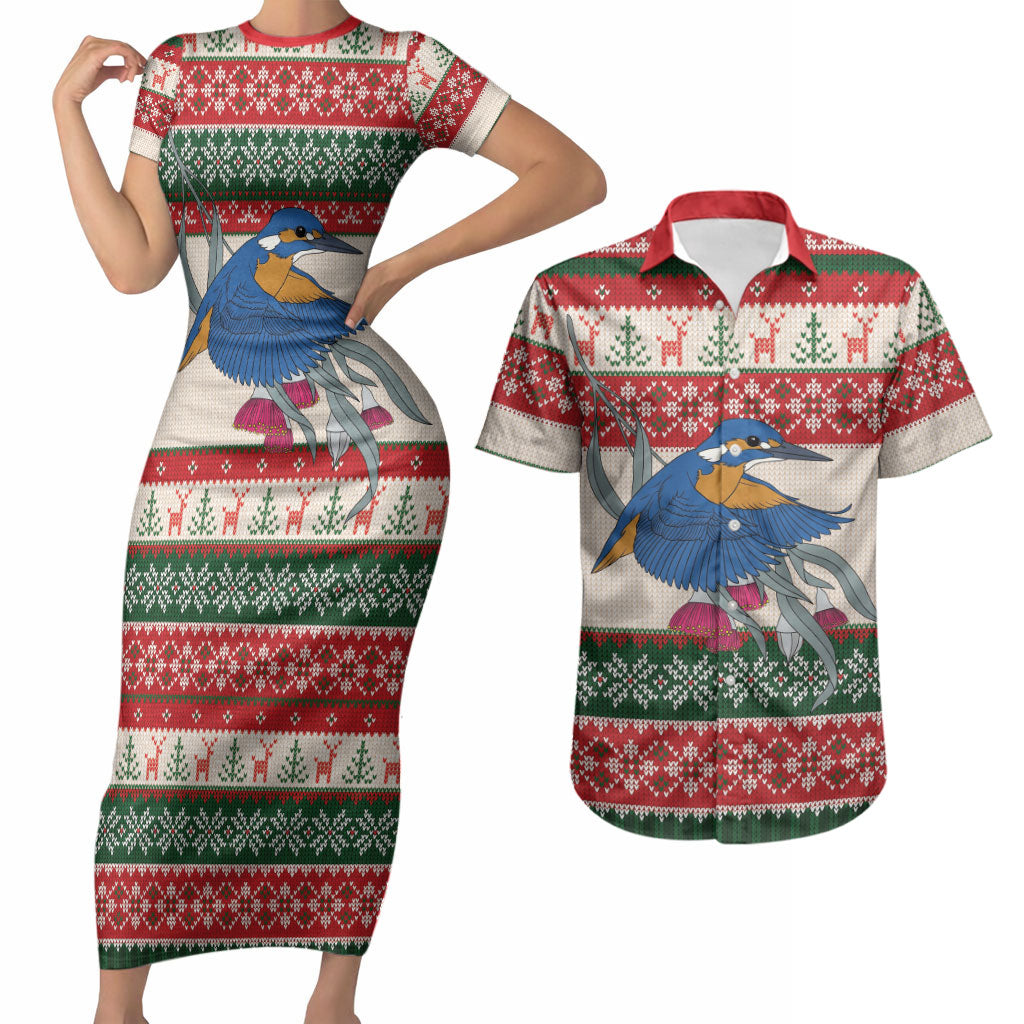 Aussie Kingfisher Bird Christmas Couples Matching Short Sleeve Bodycon Dress and Hawaiian Shirt Festive Knitted Pattern Inspired