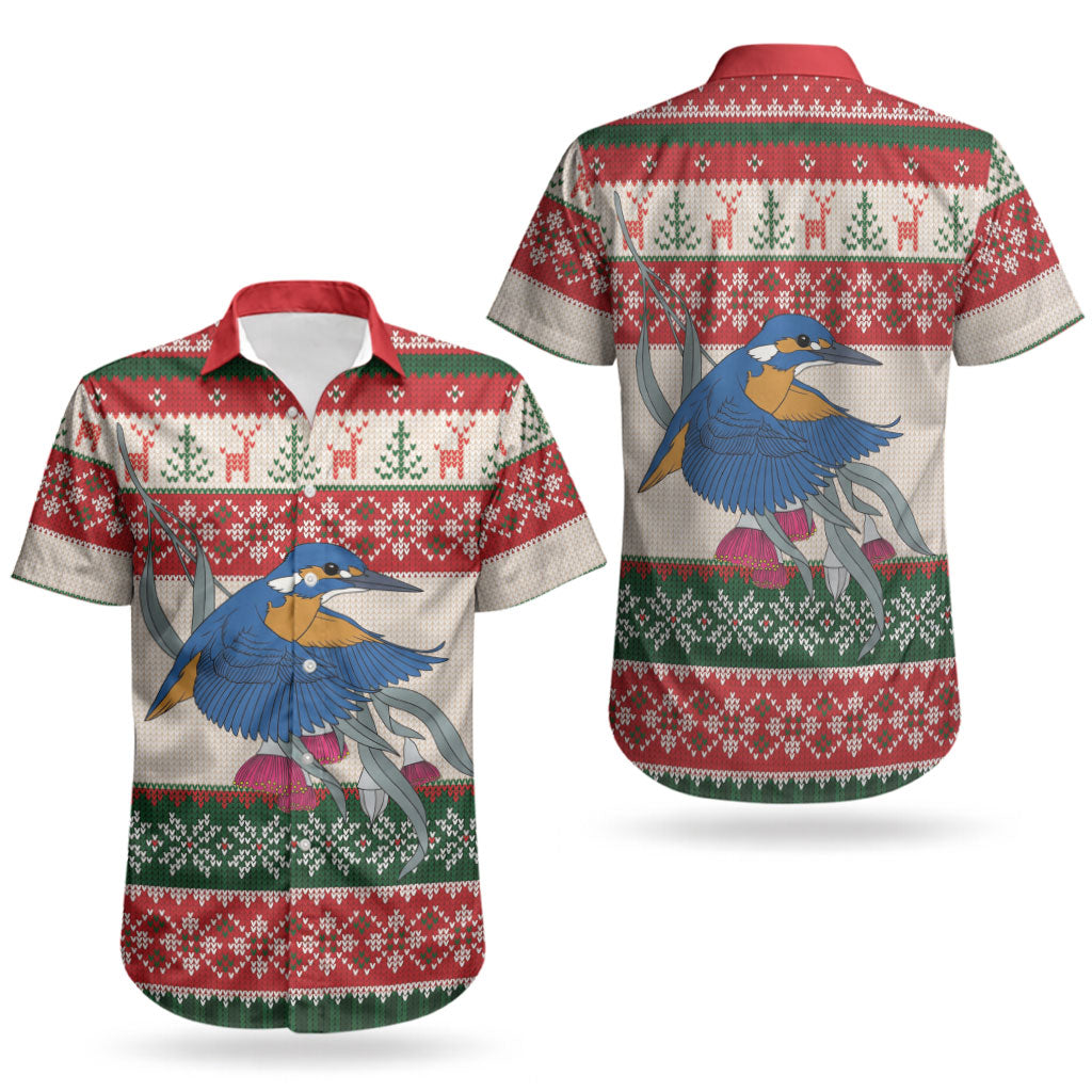 Aussie Kingfisher Bird Christmas Couples Matching Short Sleeve Bodycon Dress and Hawaiian Shirt Festive Knitted Pattern Inspired