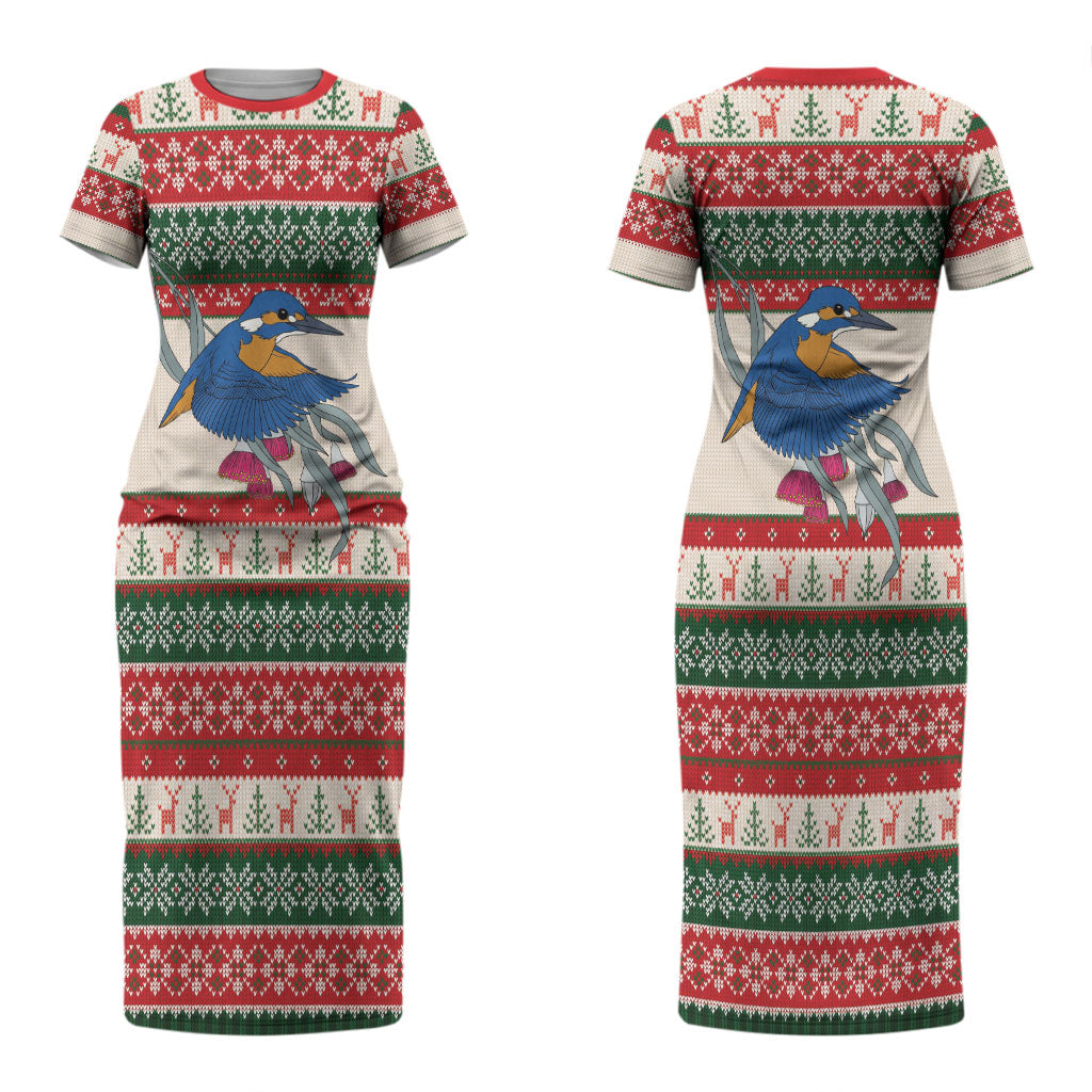 Aussie Kingfisher Bird Christmas Couples Matching Short Sleeve Bodycon Dress and Hawaiian Shirt Festive Knitted Pattern Inspired