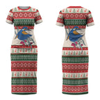 Aussie Kingfisher Bird Christmas Couples Matching Short Sleeve Bodycon Dress and Hawaiian Shirt Festive Knitted Pattern Inspired