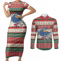 Aussie Kingfisher Bird Christmas Couples Matching Short Sleeve Bodycon Dress and Long Sleeve Button Shirt Festive Knitted Pattern Inspired