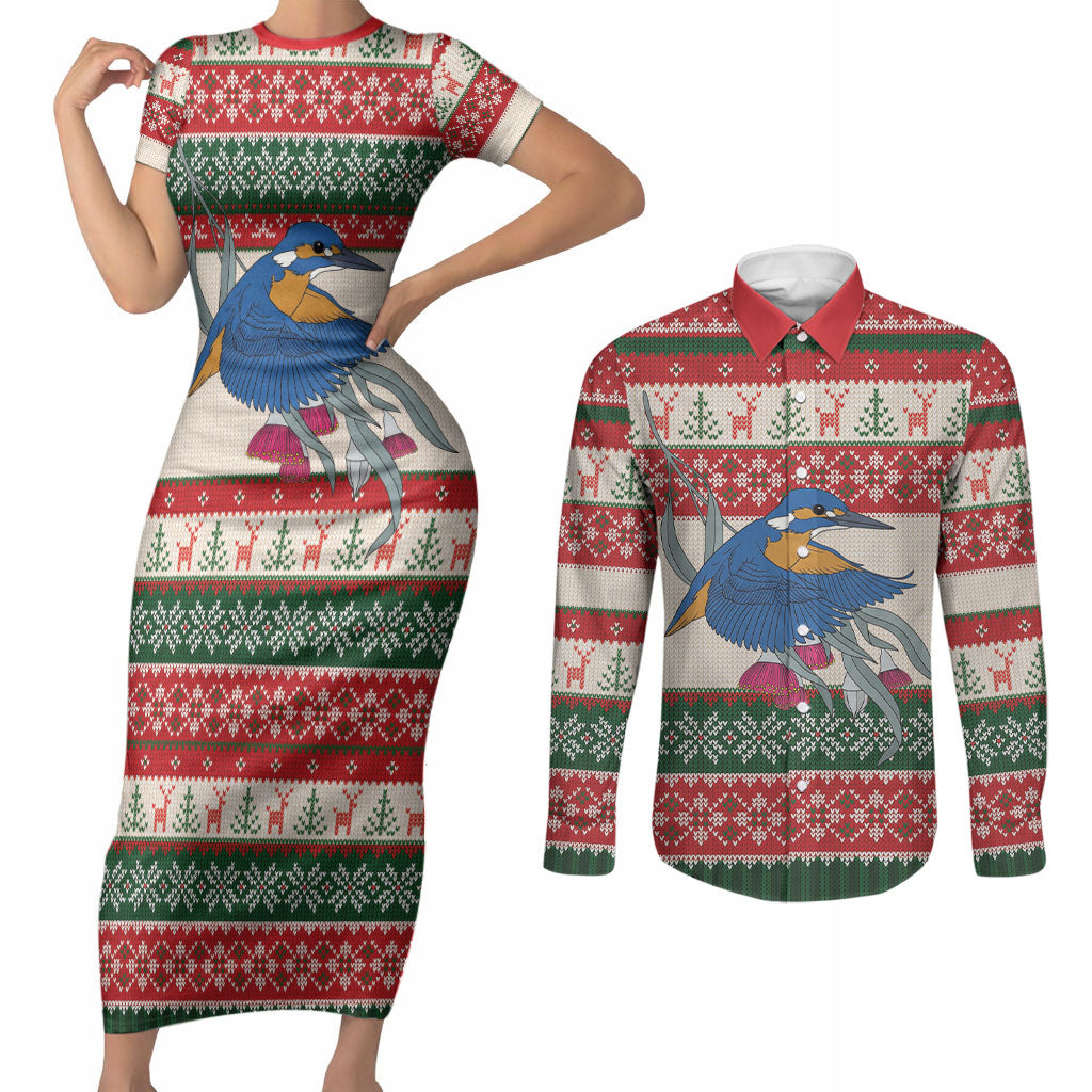 Aussie Kingfisher Bird Christmas Couples Matching Short Sleeve Bodycon Dress and Long Sleeve Button Shirt Festive Knitted Pattern Inspired