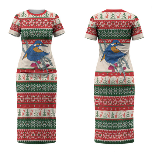 Aussie Kingfisher Bird Christmas Couples Matching Short Sleeve Bodycon Dress and Long Sleeve Button Shirt Festive Knitted Pattern Inspired