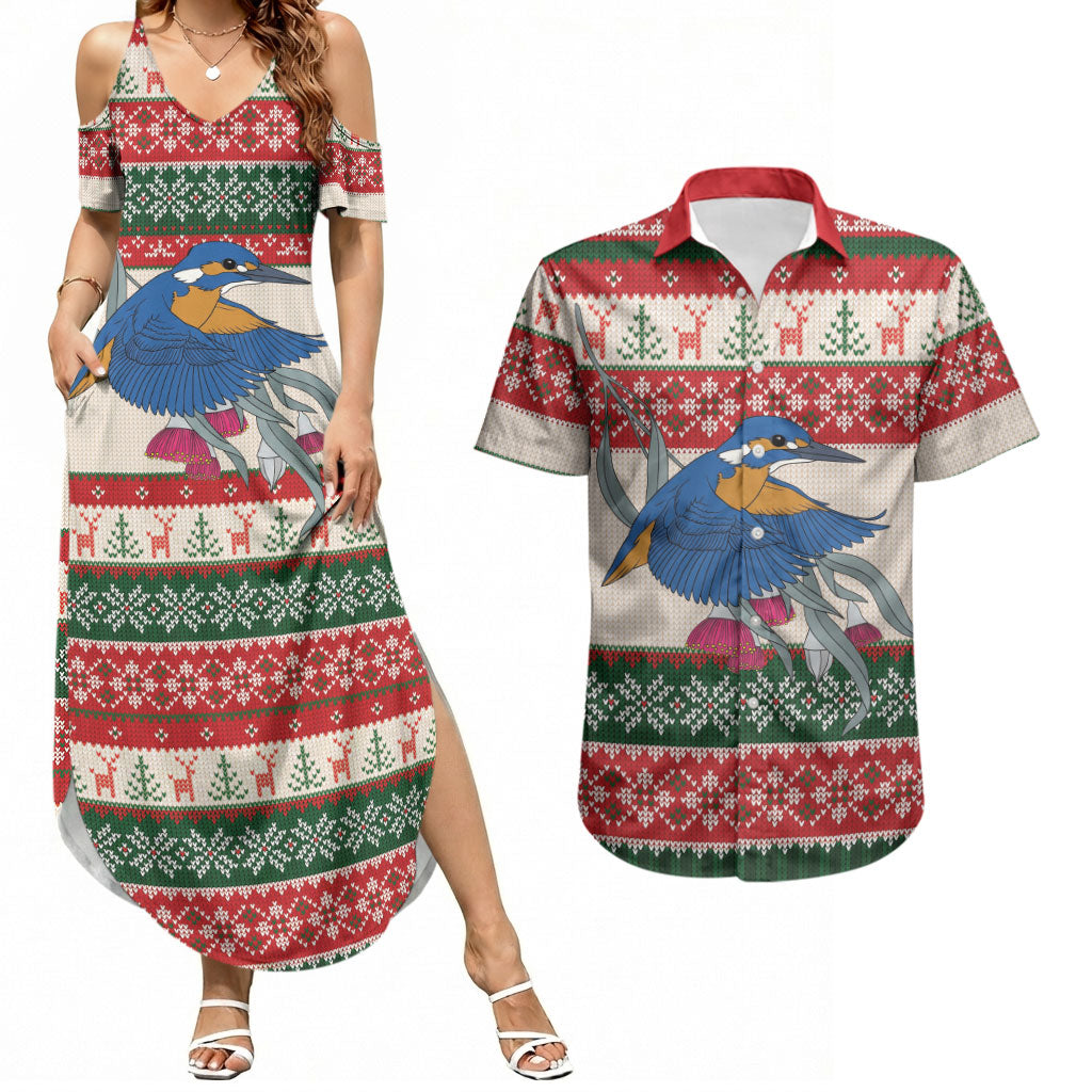 Aussie Kingfisher Bird Christmas Couples Matching Summer Maxi Dress and Hawaiian Shirt Festive Knitted Pattern Inspired