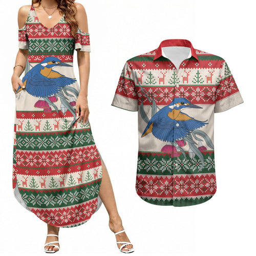 Aussie Kingfisher Bird Christmas Couples Matching Summer Maxi Dress and Hawaiian Shirt Festive Knitted Pattern Inspired