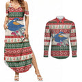 Aussie Kingfisher Bird Christmas Couples Matching Summer Maxi Dress and Long Sleeve Button Shirt Festive Knitted Pattern Inspired