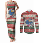 Aussie Kingfisher Bird Christmas Couples Matching Tank Maxi Dress and Long Sleeve Button Shirt Festive Knitted Pattern Inspired