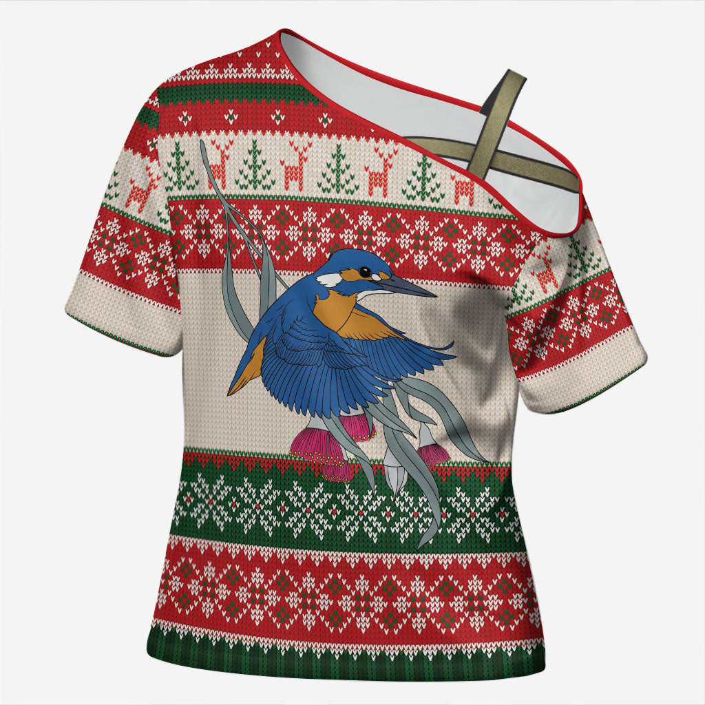 Aussie Kingfisher Bird Christmas Cross Shoulder Shirt Festive Knitted Pattern Inspired