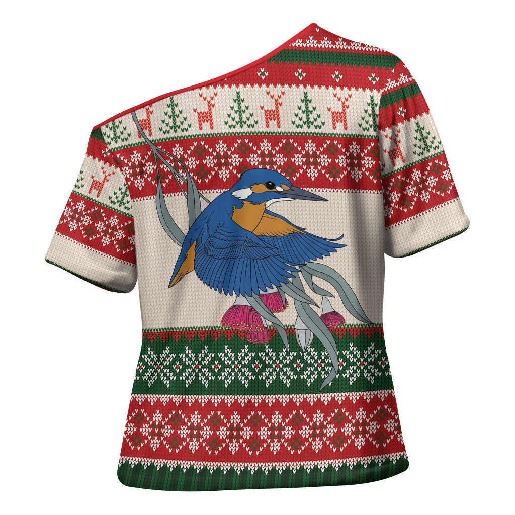Aussie Kingfisher Bird Christmas Cross Shoulder Shirt Festive Knitted Pattern Inspired
