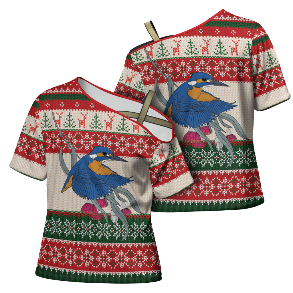Aussie Kingfisher Bird Christmas Cross Shoulder Shirt Festive Knitted Pattern Inspired
