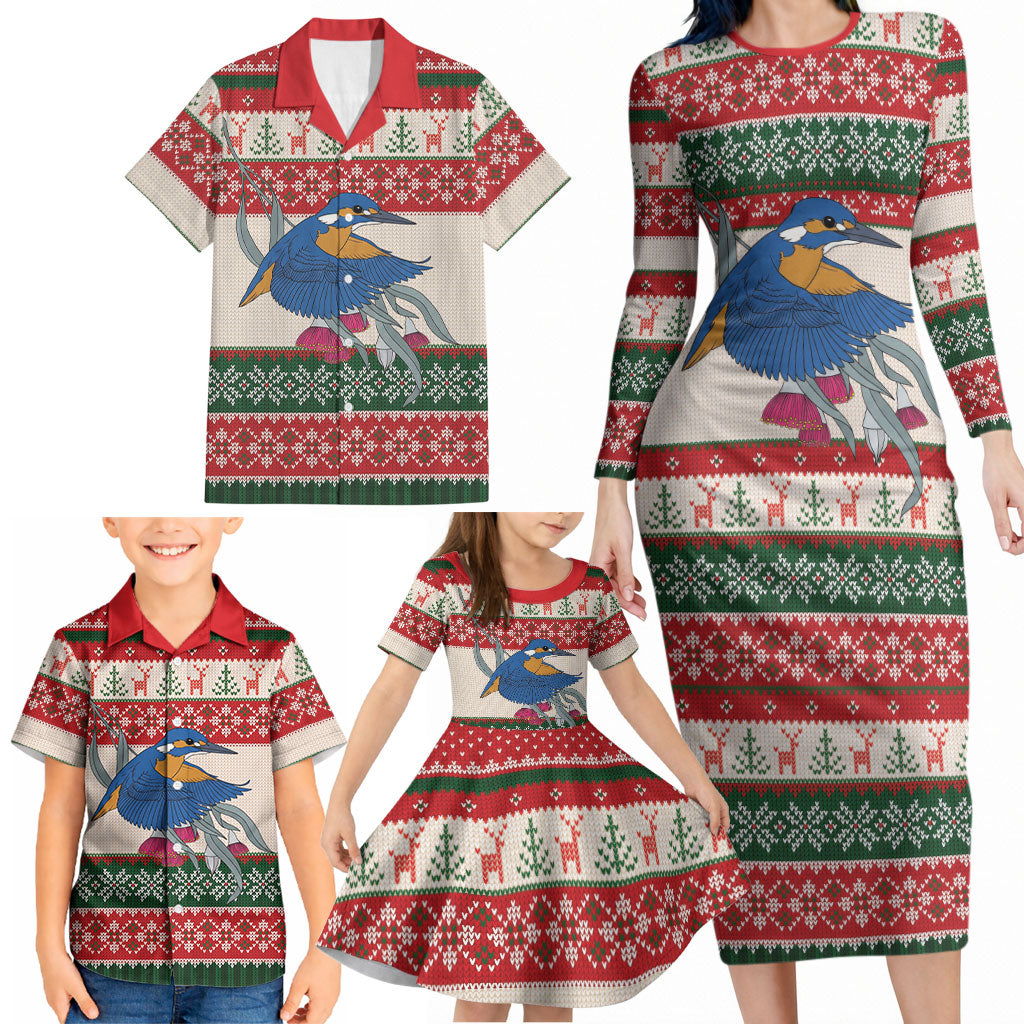 Aussie Kingfisher Bird Christmas Family Matching Long Sleeve Bodycon Dress and Hawaiian Shirt Festive Knitted Pattern Inspired