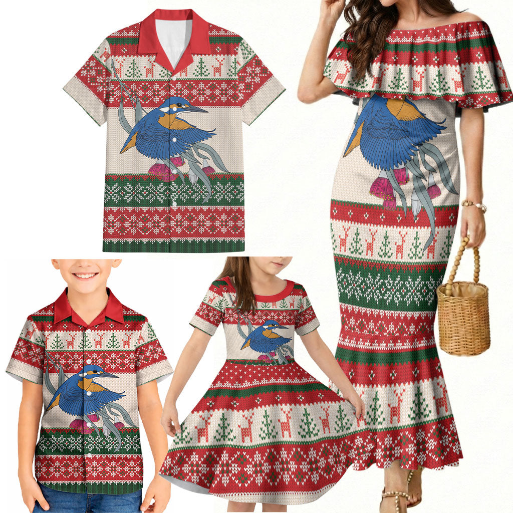 Aussie Kingfisher Bird Christmas Family Matching Mermaid Dress and Hawaiian Shirt Festive Knitted Pattern Inspired