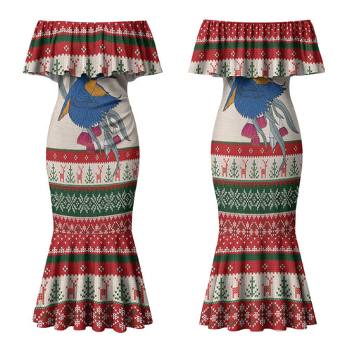 Aussie Kingfisher Bird Christmas Family Matching Mermaid Dress and Hawaiian Shirt Festive Knitted Pattern Inspired