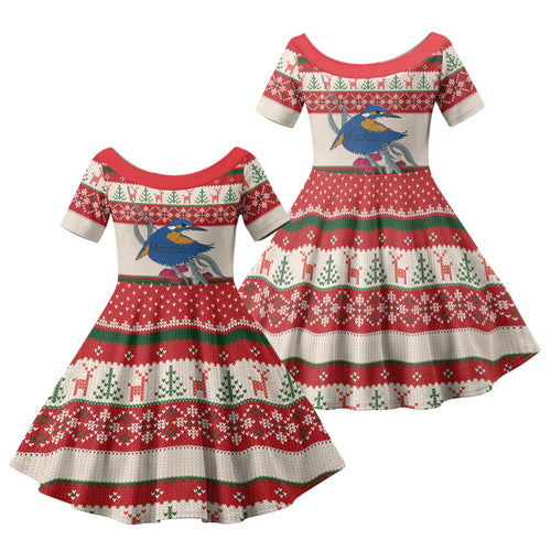 Aussie Kingfisher Bird Christmas Family Matching Mermaid Dress and Hawaiian Shirt Festive Knitted Pattern Inspired