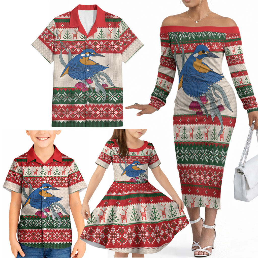 Aussie Kingfisher Bird Christmas Family Matching Off The Shoulder Long Sleeve Dress and Hawaiian Shirt Festive Knitted Pattern Inspired