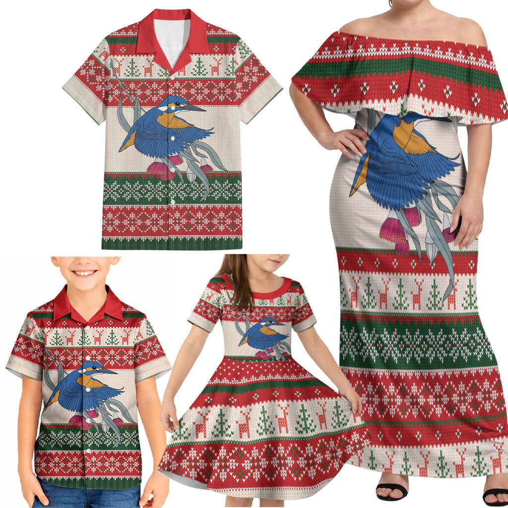 Aussie Kingfisher Bird Christmas Family Matching Off Shoulder Maxi Dress and Hawaiian Shirt Festive Knitted Pattern Inspired