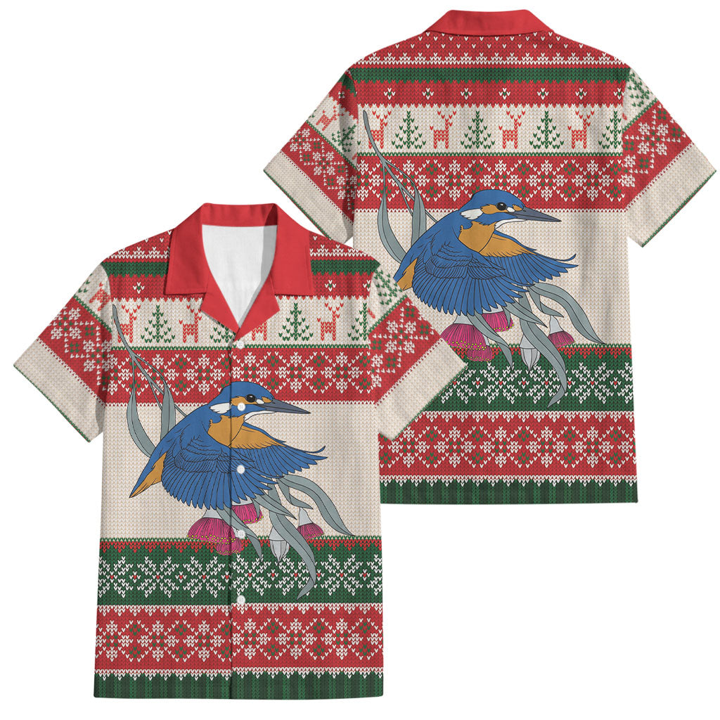Aussie Kingfisher Bird Christmas Family Matching Off Shoulder Maxi Dress and Hawaiian Shirt Festive Knitted Pattern Inspired