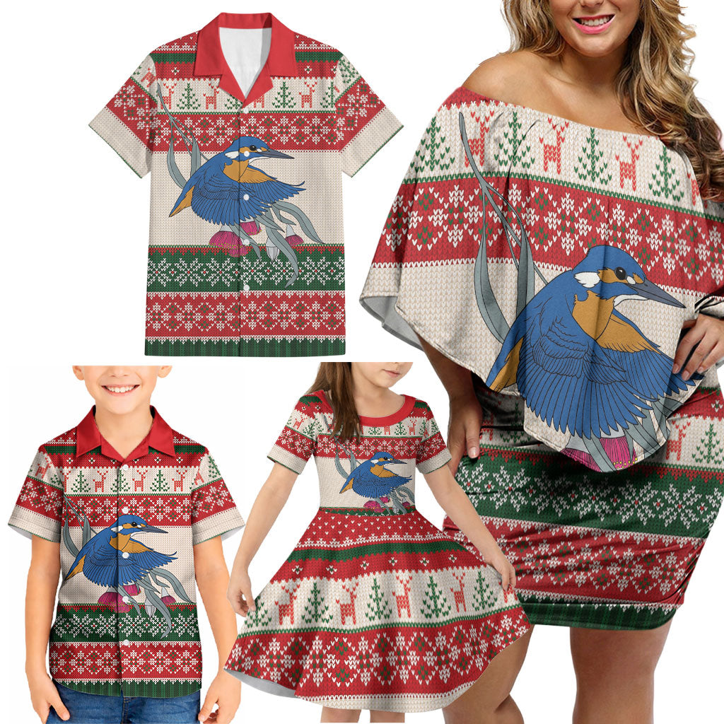 Aussie Kingfisher Bird Christmas Family Matching Off Shoulder Short Dress and Hawaiian Shirt Festive Knitted Pattern Inspired