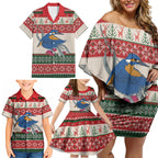 Aussie Kingfisher Bird Christmas Family Matching Off Shoulder Short Dress and Hawaiian Shirt Festive Knitted Pattern Inspired
