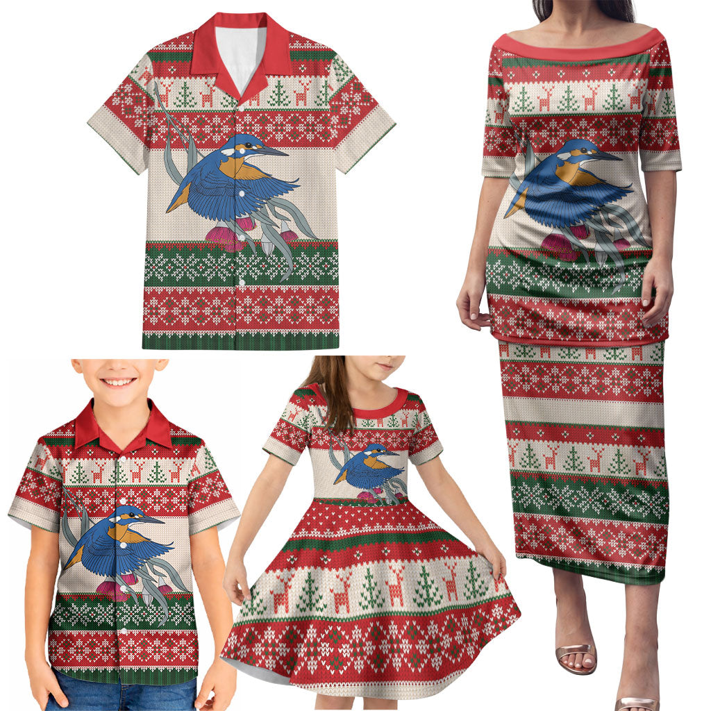 Aussie Kingfisher Bird Christmas Family Matching Puletasi and Hawaiian Shirt Festive Knitted Pattern Inspired