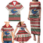 Aussie Kingfisher Bird Christmas Family Matching Puletasi and Hawaiian Shirt Festive Knitted Pattern Inspired